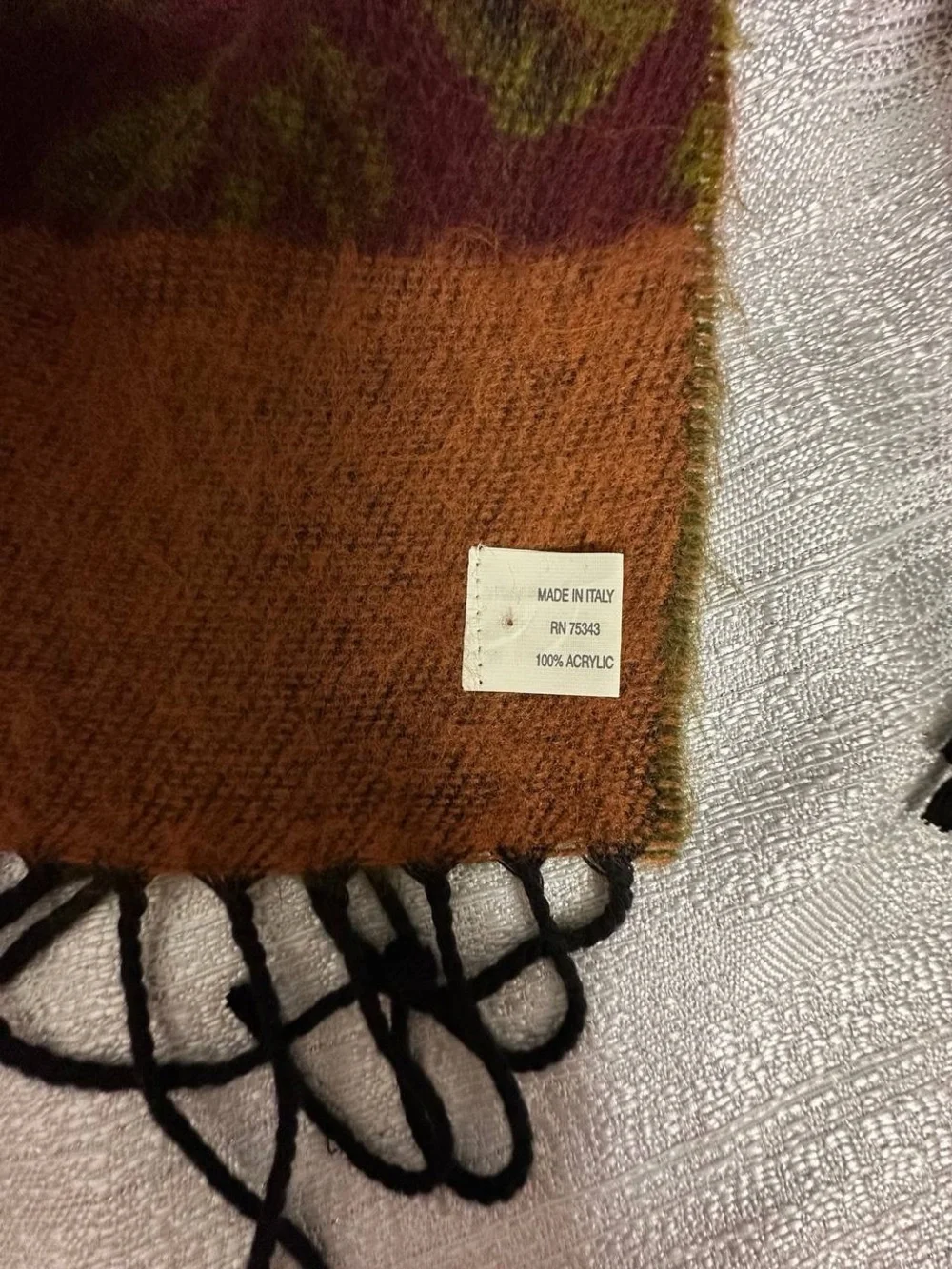 Rust Floral Border Wool Blend Scarf Wrap with Green Accents